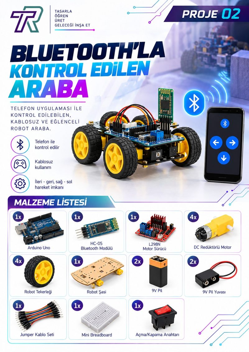 Proje 02: Telefon uygulamasıyla Bluetooth üzerinden kontrol edilen Arduino robot araba ve malzeme listesi