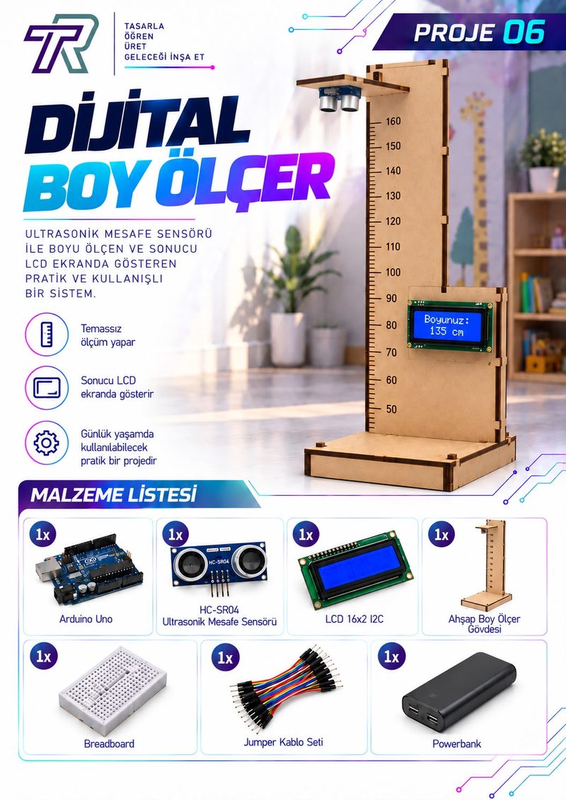 Proje 06: Ultrasonik mesafe sensörüyle boyu ölçüp LCD ekranda gösteren ahşap dijital boy ölçer ve malzeme listesi