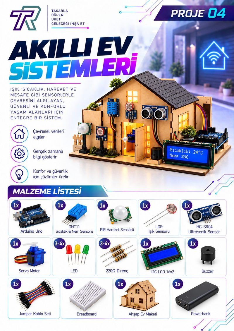 Proje 04: Işık, sıcaklık, hareket ve mesafe sensörleriyle çalışan ahşap maketli akıllı ev sistemi ve malzeme listesi
