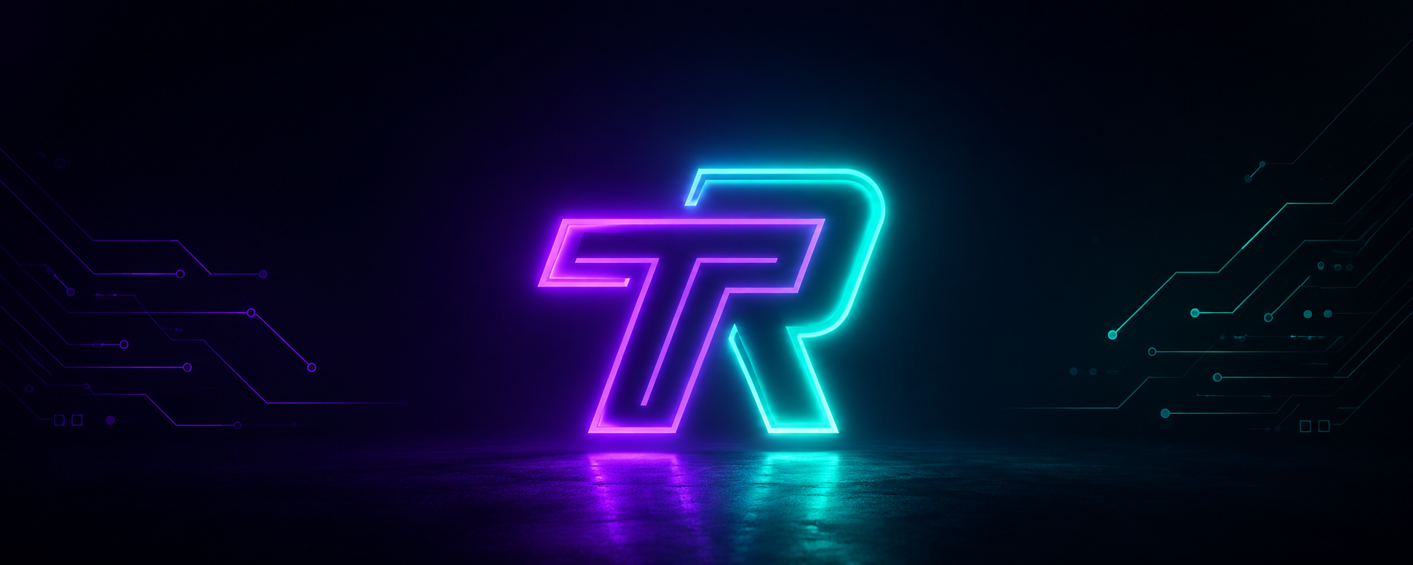 Teknoloji ve Robotik neon TR logosu — mor ve turkuaz ışıklı devre desenli koyu zemin
