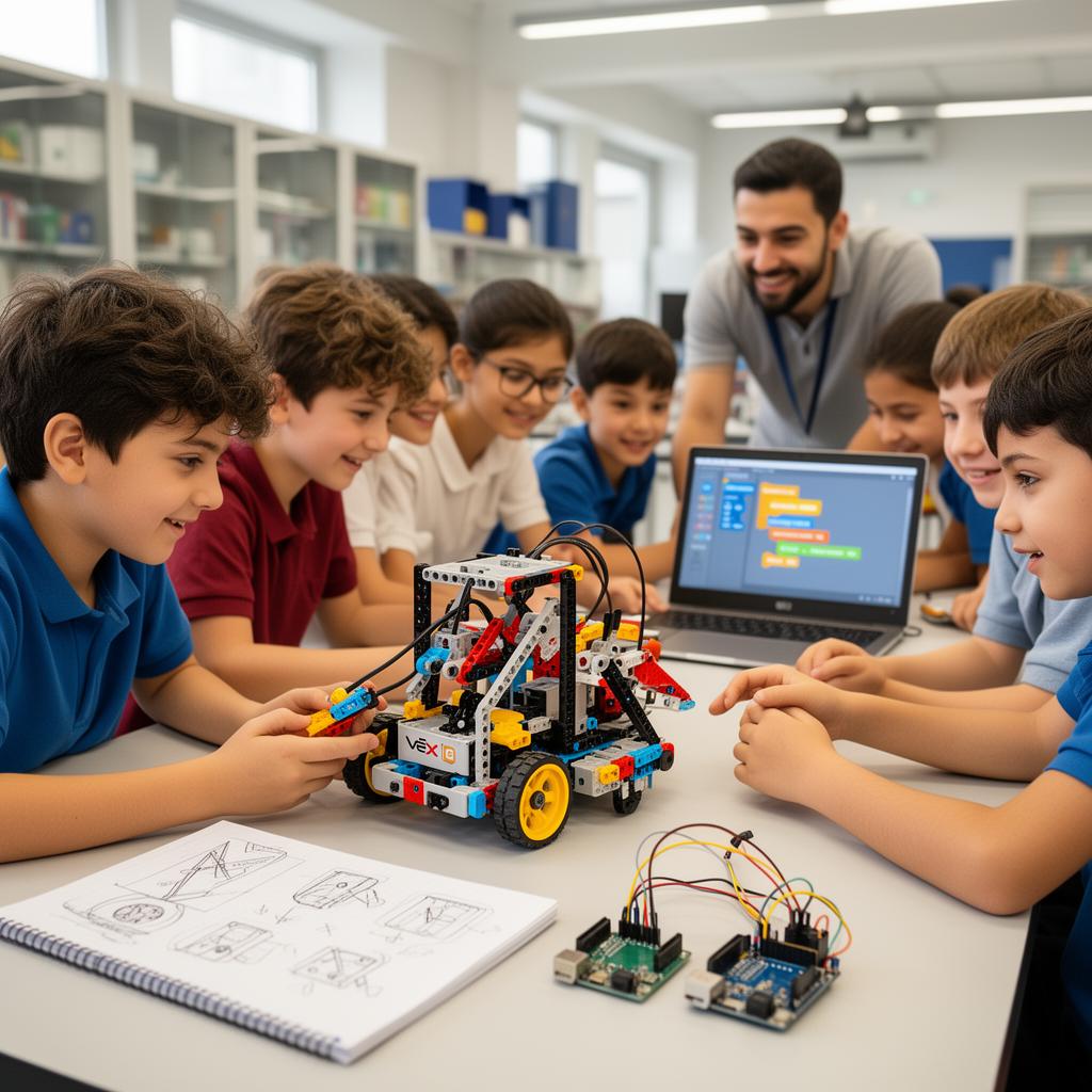 Modern robotik atölyesinde VEX IQ robotu, Arduino projeleri ve kodlama çalışmaları yapan ilkokul ve ortaokul öğrencileri