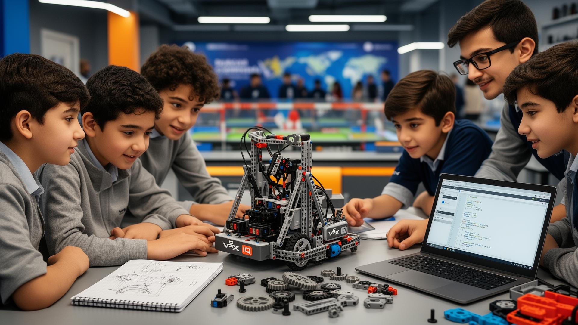 Üsküdar'da modern robotik atölyesinde VEX IQ robotu tasarlayan, kodlayan ve mühendislik defteri tutan öğrenciler