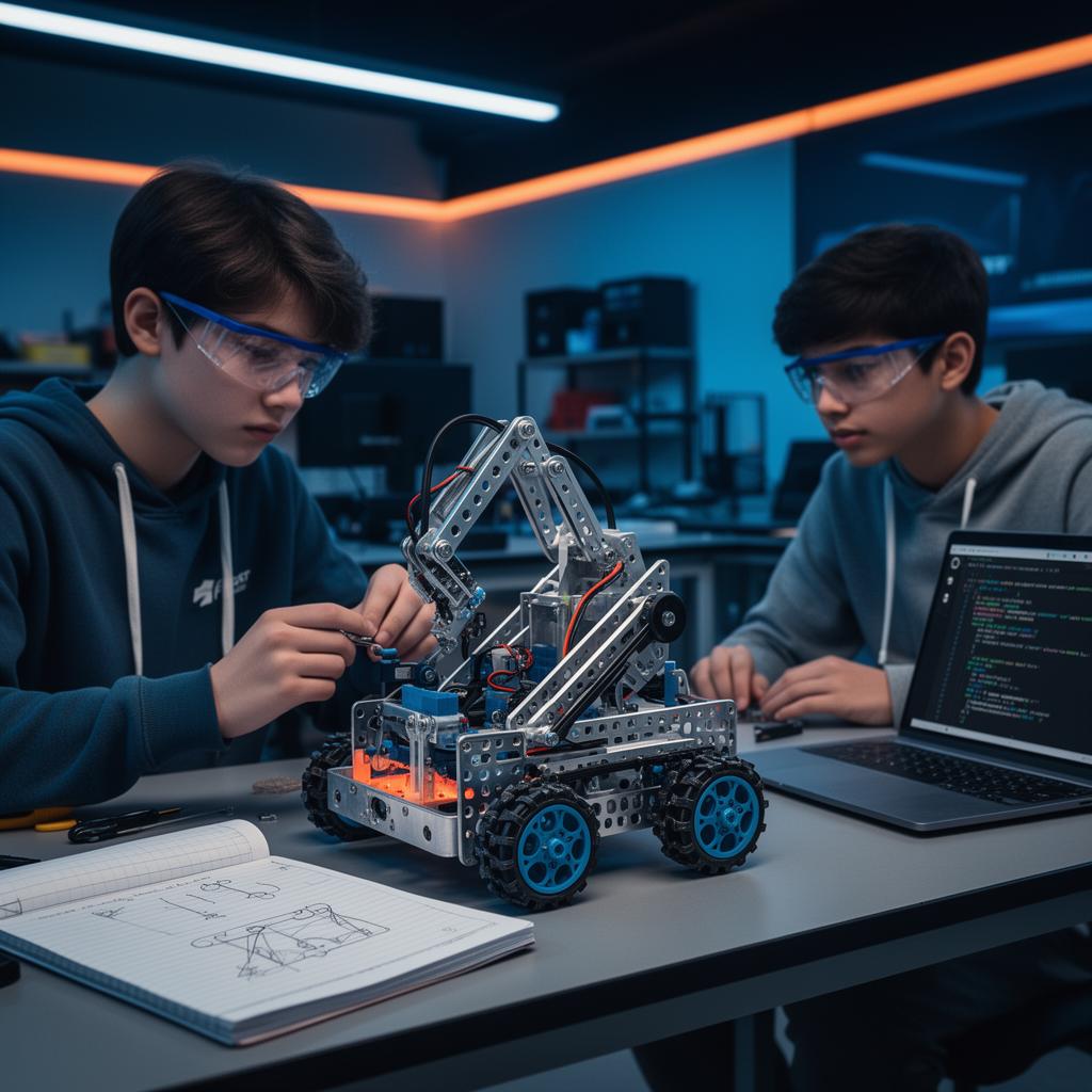 FTC FIRST Tech Challenge robotu üzerinde çalışan öğrenciler — modern STEM laboratuvarı