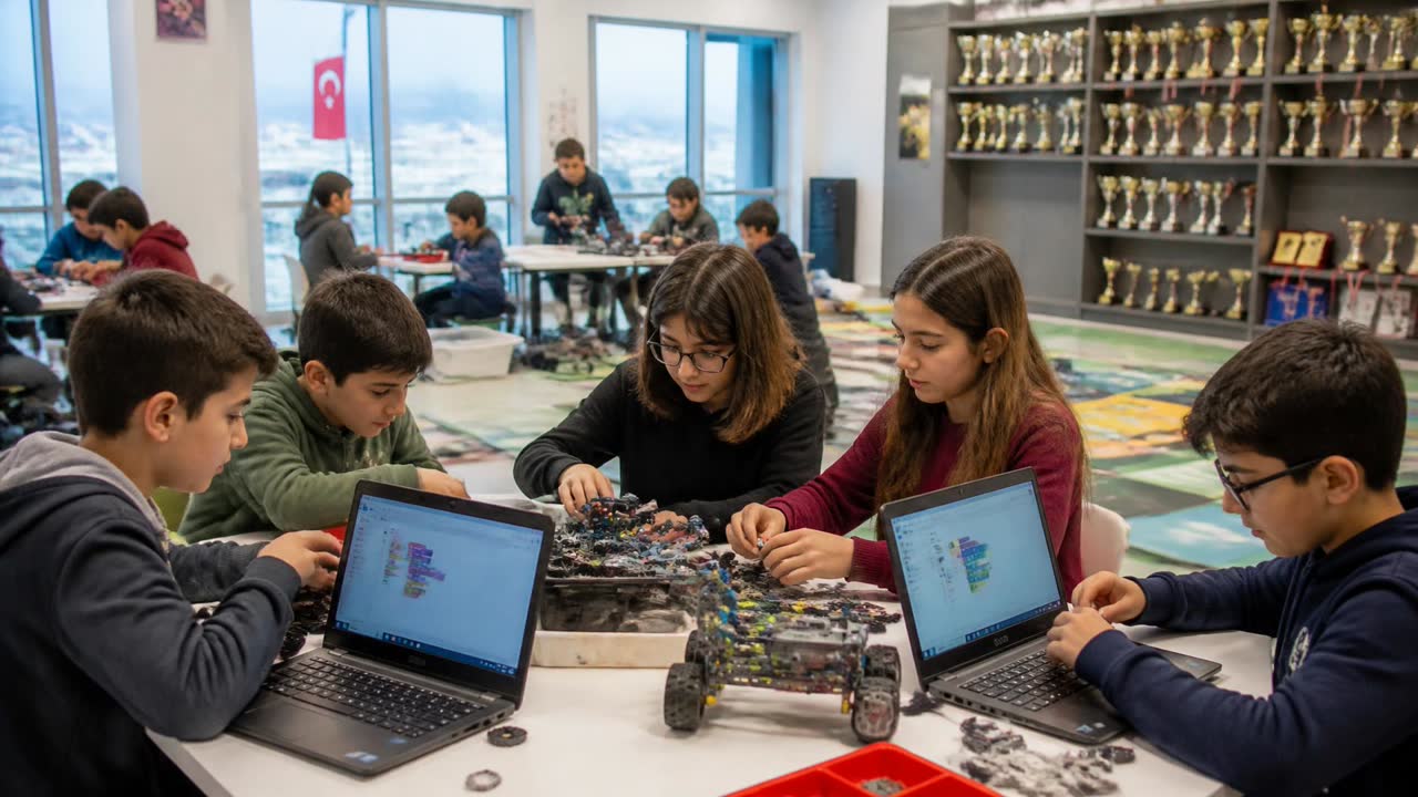 Üsküdar'da robotik kodlama eğitimi alan ilkokul ve ortaokul öğrencileri, VEX IQ robotları ve kupalar